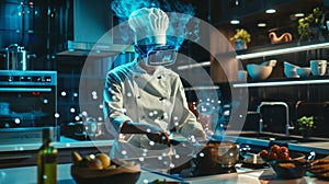 Chef cooking using futuristic virtual reality technologies in modern kitchen