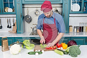 Chef cooking vegetarian recipe. Man chef wear apron cooking kitchen. Man cook vegetarian recipe with fresh vegetables