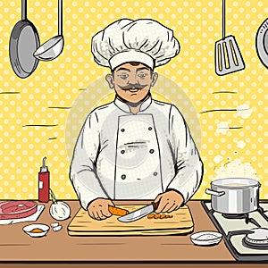 Chef cooks food pop art style vector