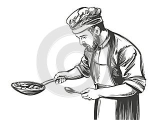 chef cooks meat in a frying pan, cooking in the kitchen in a restaurant, hand drawn  illustration realistic sketch