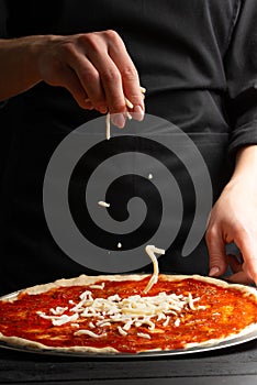 Chef cooks pizza, sprinkled with mozzarella cheese, freezing in motion on the background with ingredients. Recipe book, menu, home