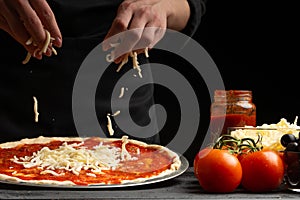 Chef cooks pizza, sprinkled with mozzarella cheese, freezing in motion on the background with ingredients. Recipe book, menu, home