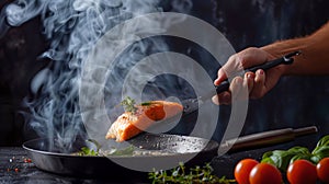 Chef cooks salmon in a pan, steam rising, vibrant vegetables in the background. Culinary art in action. Perfect for