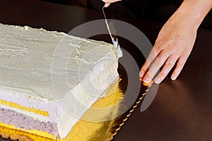 Chef cover with icing festive cake. Making layer sponge cake