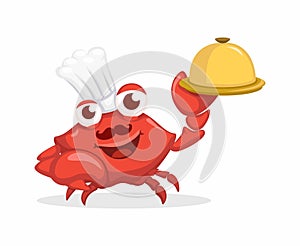 Chef Crab Hold Food Tray. Seafood Restaurant Mascot Symbol Cartoon illustration Vector