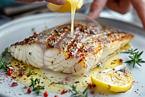 Chef creating grilled fish fillet with creamy butter lemon or cajun spicy sauce, herbs, and garnish