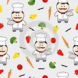 Chef cute cartoon character seamless pattern on white background, chef with mustache and ingredients