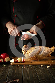 The chef cuts an apple before adding it to a raw duck for roasting in the oven. Cooking a national dish or Peking duck in the