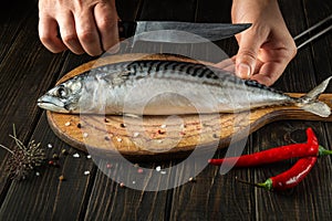 The chef cuts a Scomber fish with a knife on a kitchen cutting board. Menu or recipe for restaurant or hotel. Cook hands close up