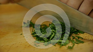 Chef cutting green beam of parsley.