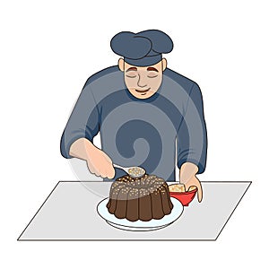 Chef Decorating Cake with Sprinkles Vector Illustration