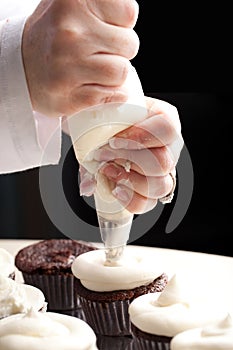 Chef decorating chocolate cupcakes