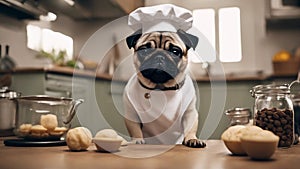 chef with dog A pug puppy wearing a tiny chef hat and apron, standing on a stool in a kitchen, hilariously photo