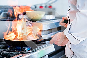 Chef doing flambe to dish in pan photo