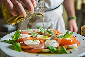 chef drizzling olive oil over a caprese salad