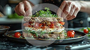 Chef finalizes a gourmet sandwich with flair.