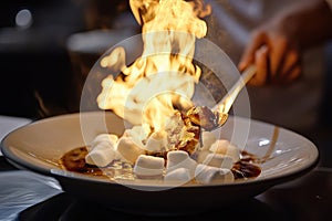 Chef flambÃÂ©ing bananas and marshmallows in a pan, creating a stunning fire display photo