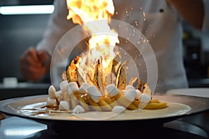 Chef flambÃÂ©ing bananas and marshmallows in a pan, creating a stunning fire display photo