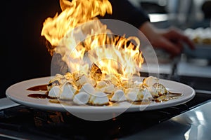 Chef flambÃÂ©ing bananas and marshmallows in a pan, creating a stunning fire display photo
