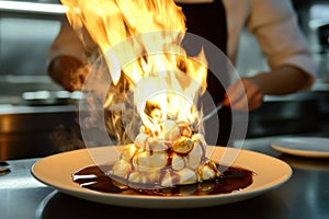 Chef flambÃÂ©ing bananas and marshmallows in a pan, creating a stunning fire display photo