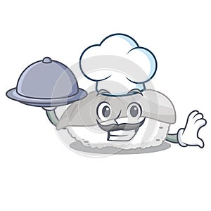 Chef with food ika sushi in the cartoon shape