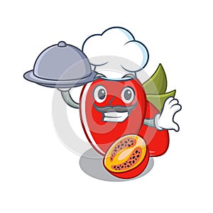 Chef with food tamarillo betaceum isolated in the cartoon