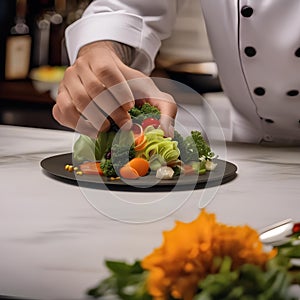 A chef garnishing a dish with edible flowers1 photo