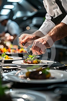 Chef garnishing a dish with finesse in a professional kitchen, focus on the artistic presentation of food. photo