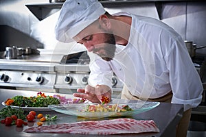 Chef garnishing flower in ceviche dish photo