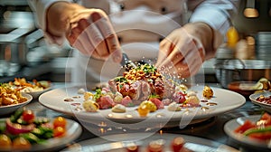 Chef garnishing gourmet tartare with precision.