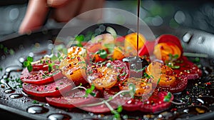 Chef garnishing gourmet tartare with precision.