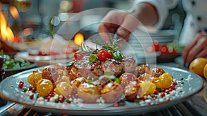 Chef garnishing gourmet tartare with precision.