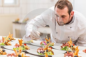 Chef garnishing his appetizer plate