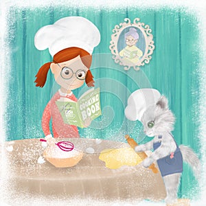 Chef girl and cat cooking. Grannyâ€™s recipe book. Happy friendship 