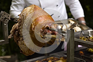 Chef grilling kebab meat