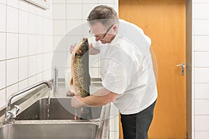 Chef gutting carp fish to prepare it later