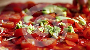 Chef Hand Making Italian vegetarian Pizza, close up 4k