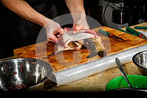 Chef hands clean big fish