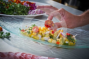Chef hands garnishing flower in ceviche dish photo