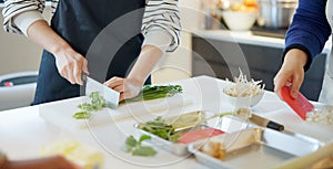 Chef hands, knife and spring onion for cooking, chopping and prepare ingredients for catering services. Person, cutting