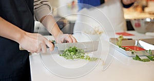 Chef hands, knife and spring onion in restaurant, chopping and prepare ingredients for catering services. Person