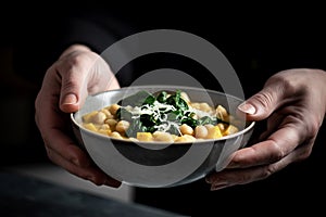 Chef hands with polenta porridge with boiled bens. Generate ai