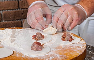 Chef hands in process of making home-made dumplings, ravioli