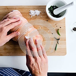 Chef hands and raw meat, preparing for roast