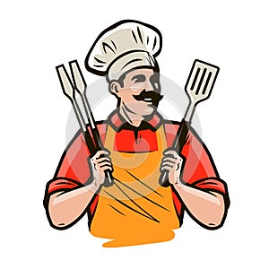 Chef or happy cook holding a grill tools tongs and spatula. Barbecue, kebab food. Cartoon vector illustration