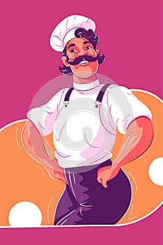 Chef in hat and apron standing on the moon and smiling
