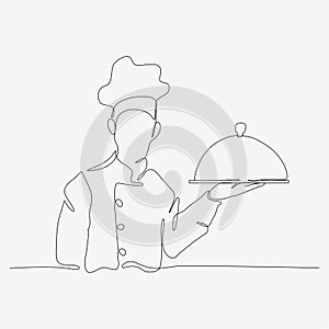 Chef in hat bringing dishes of food one continuous line. Cute cooking character