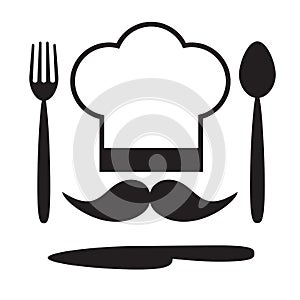 Chef hat with mustache, fork, spoon and knife