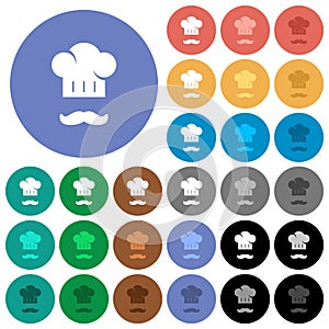 Chef hat and mustache round flat multi colored icons