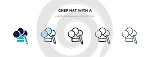 Chef hat with a pencil icon in different style vector illustration. two colored and black chef hat with a pencil vector icons